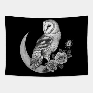 Barn Owl Sitting on a Moon & Roses, Gothic Tapestry