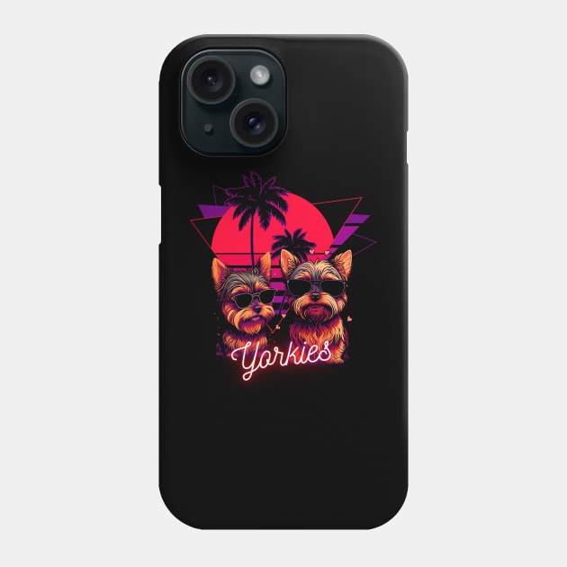 Yorkie's With Sunglasses and Retro Palm Tree Sunset Phone Case by Trip Tank