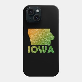 Colorful mandala art map of Iowa with text in green and orange Phone Case