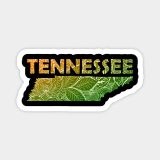 Colorful mandala art map of Tennessee with text in green and orange Magnet