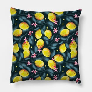 Lemon Branches on Black Background Pillow