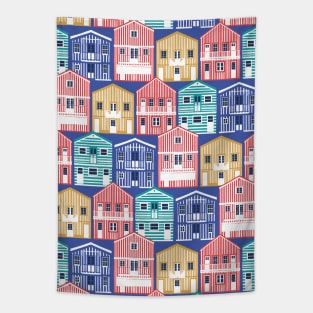 Colourful Portuguese houses // electric blue background yellow red blue and teal Costa Nova inspired houses Tapestry