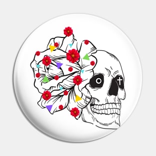 skeleton face drawing with a cross in the background in the eye, linear flower and flowers with small colorful triangles Pin