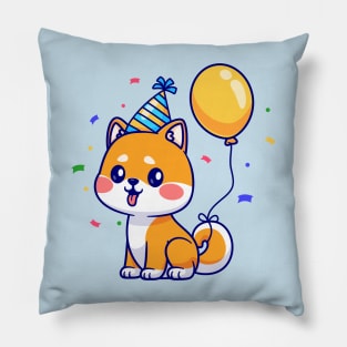Cute Shiba Inu Dog Birthday Party With Balloon Cartoon Pillow