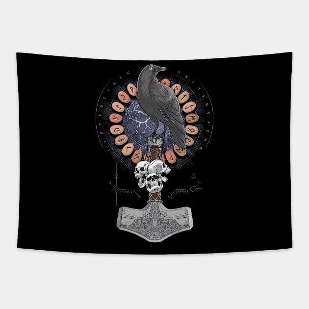 Norse Hammer Raven Tapestry by underheaven