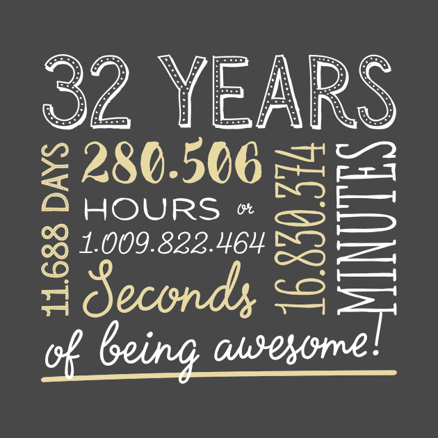 32nd Birthday Gifts - 32 Years of being Awesome in Hours & Seconds by BetterManufaktur