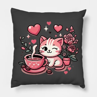 Cute cate with coffee in valentine Pillow