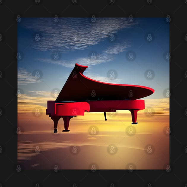 A Red Piano Floating In The Sky At Sunset by Musical Art By Andrew