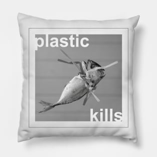 'Plastic kills' typography in a design with a dead fish strangled by plastic straws. Pillow