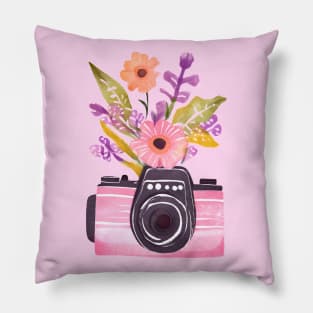 Cute Pink Watercolor Camera and Wildflowers Pillow