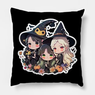 Three Cute Witches Friends Trio Pillow