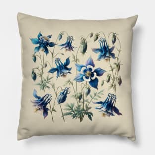 Blue columbine Flowers Vintage Botanical Pillow