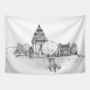 Champa Temple Vietnam Pen and Ink Illustration Tapestry