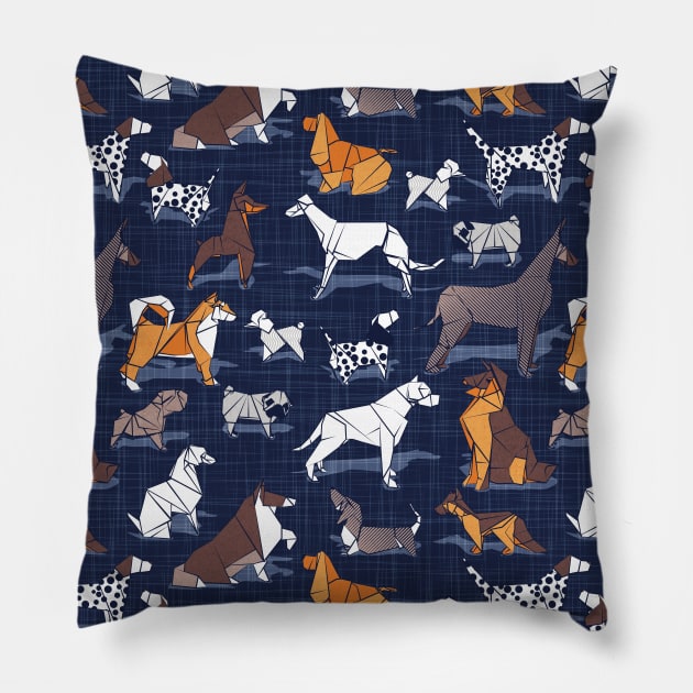 Origami doggie friends II // pattern // navy blue linen texture background paper dogs Pillow by SelmaCardoso