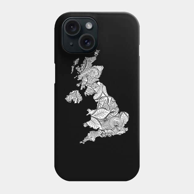 Mandala art map of United Kingdom with text in white Phone Case by Happy Citizen