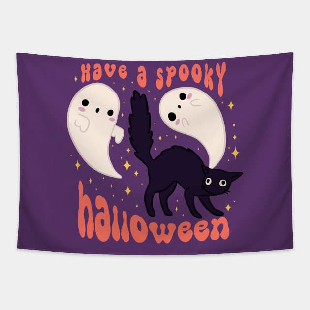 Have a spooky halloween Cute spooky black cat with ghost friends Tapestry by Yarafantasyart