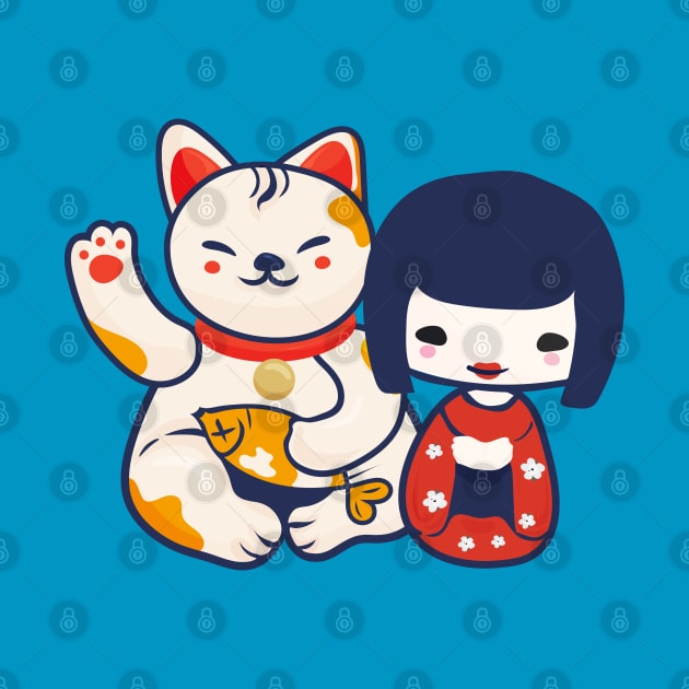 Kokeshi Girl Doll With Maneki Neko by tatadonets