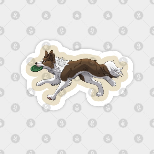 Running Brown Border Collie with Frisbee Magnet by Bamsdrawz