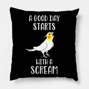 A good day start with a Scream Funny Lutino Cockatiel Birb Pillow