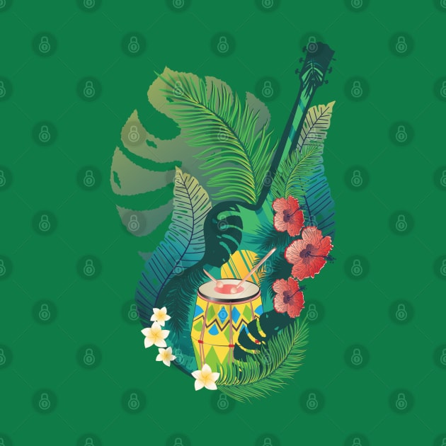 Retro guitar with drum and tropical leaves by AnnArtshock