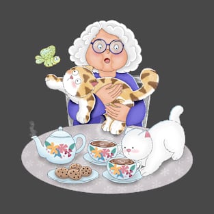 Grandma Having Morning Tea With Cats T-Shirt