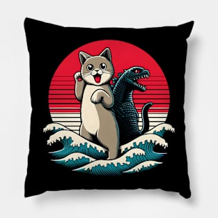 Catzilla Cat Japanese Art Funny Cat Pillow