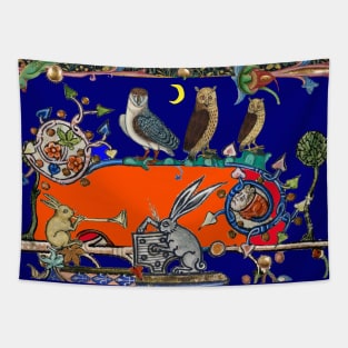 WEIRD MEDIEVAL BESTIARY MAKING MUSIC, Three Owls And Night Concert of Rabbits in Orange Blue Tapestry