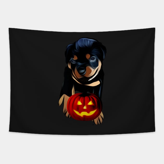 Happy Rottweiler Halloween Tapestry by Freedomink