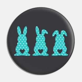 Three Easter Bunnies with Heart Shaped Tails Blue Polkadots Pin