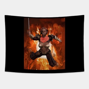Warrior woman girl princess leaping from flames sword and armor Tapestry