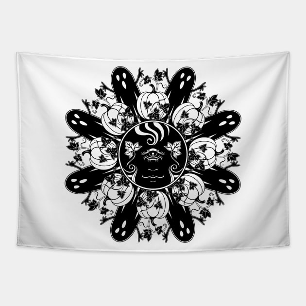 Fall, Creepy cute ghost - Black and White - Sunweaver Tapestry by Sunweaver