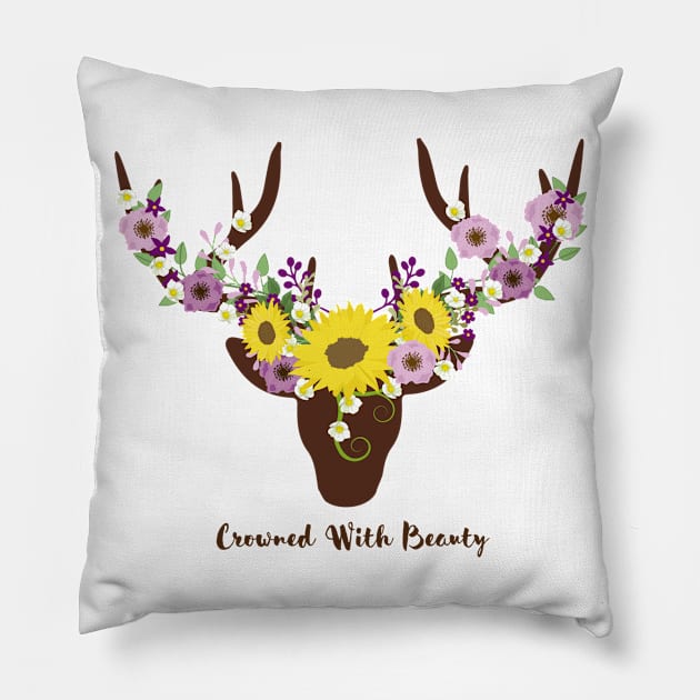 Crowned With Beauty Deer Antler Sunflower Pillow by Animal Specials