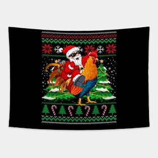 Santa With Rooster Christmas Tree Farmer Ugly Christmas Sweater Tapestry
