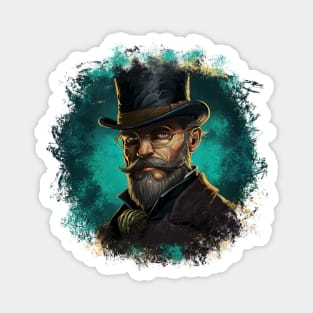 Vintage Design Illustration - Distinguished Gentleman in Glasses, Mustache, and Beard, Wearing a Suit with a Top Hat, Against a Turquoise Background. Magnet