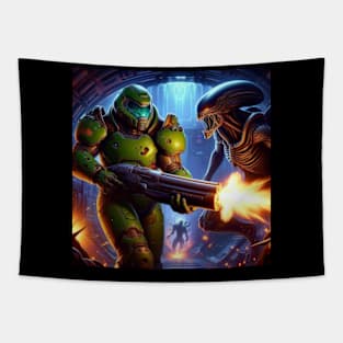 Doom Guy vs Xenomorphs Tapestry