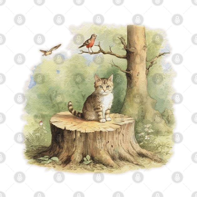 cute cat on a tree stump by JnS Merch Store