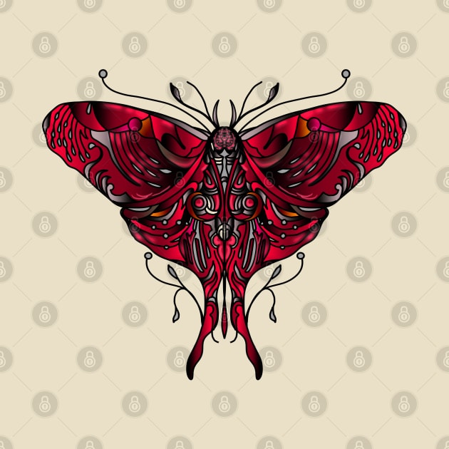 Red natura moth illustration in tattoo style shading by jen28