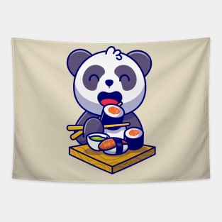 Cute Panda Eating Salmon Sushi With Chopsticks Cartoon Tapestry