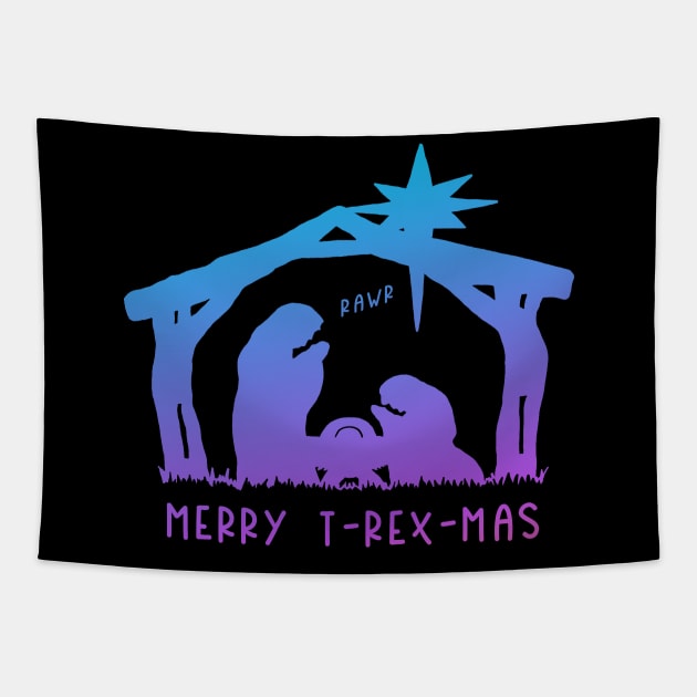 Christmas Cheer: Merry T-Rex-Mas (blue-purple text) Tapestry by Ofeefee