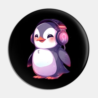 Happy Penguin With Headphones Pin