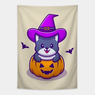 Cute Witch Cat With Pumpkin Halloween Tapestry