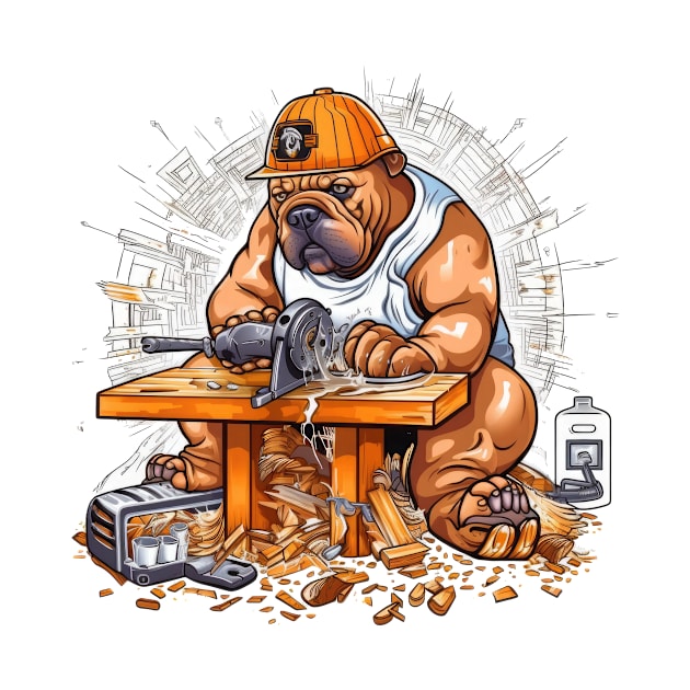 A Carpenter English Bulldog with a saw and sandpaper, carving a wooden sculpture of itself by teestore_24