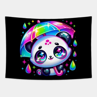Kawaii Panda with Umbrella Holographic Neon Rainbow Chibi Tapestry