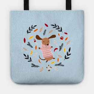 Cute Dachshund in Winter Sweater in Autumn Leaves Tote