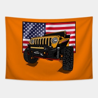 Jeep with American Flag - Orange Essential Tapestry