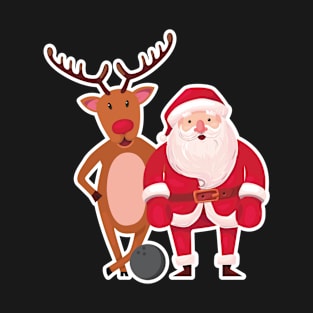 Christmas Santa And Reindeer With Bowling Ball T-Shirt