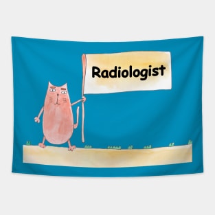 Radiologist. Profession, work, job. Cat shows a banner with the inscription. Watercolor illustration. A gift for a professional. Tapestry