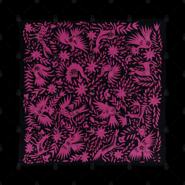 Otomí Mexican hand embroidery hot pink print flowers and animals interior design by T-Mex