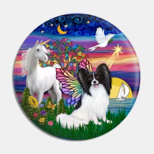 Twilight at the Shore with a Papillon & Unicorn Pin