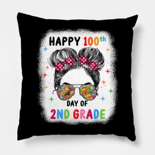 Bleached Happy 100th Day Of 2nd Grade Messy Bun Kids Girls Pillow